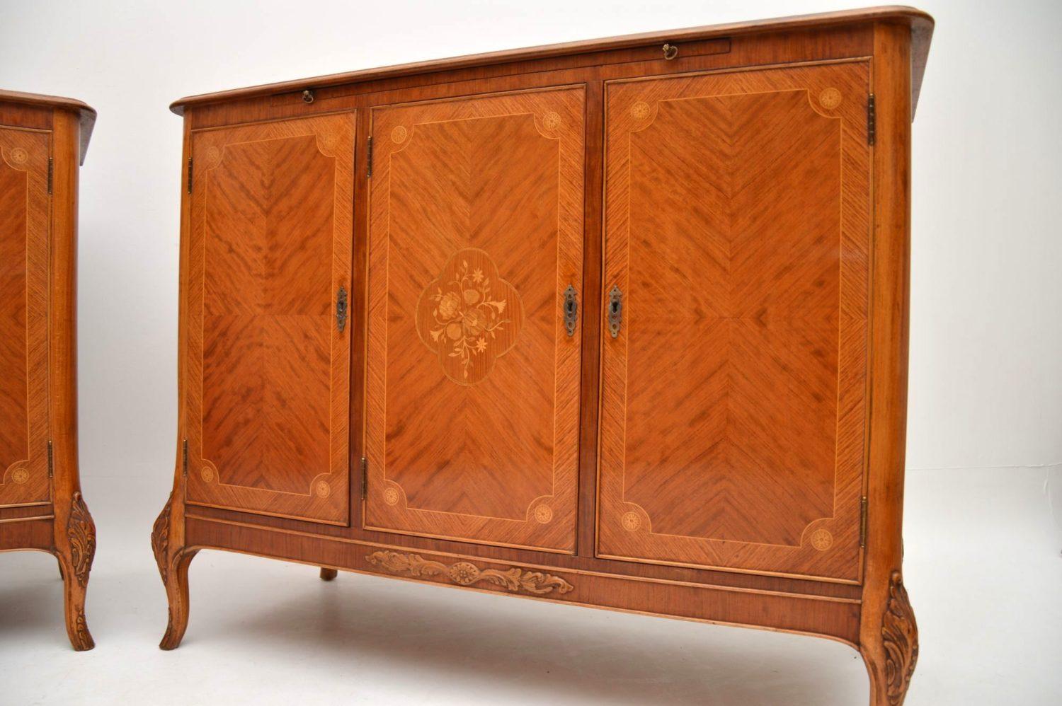 English Pair of Antique French Style Inlaid King Wood Cabinets