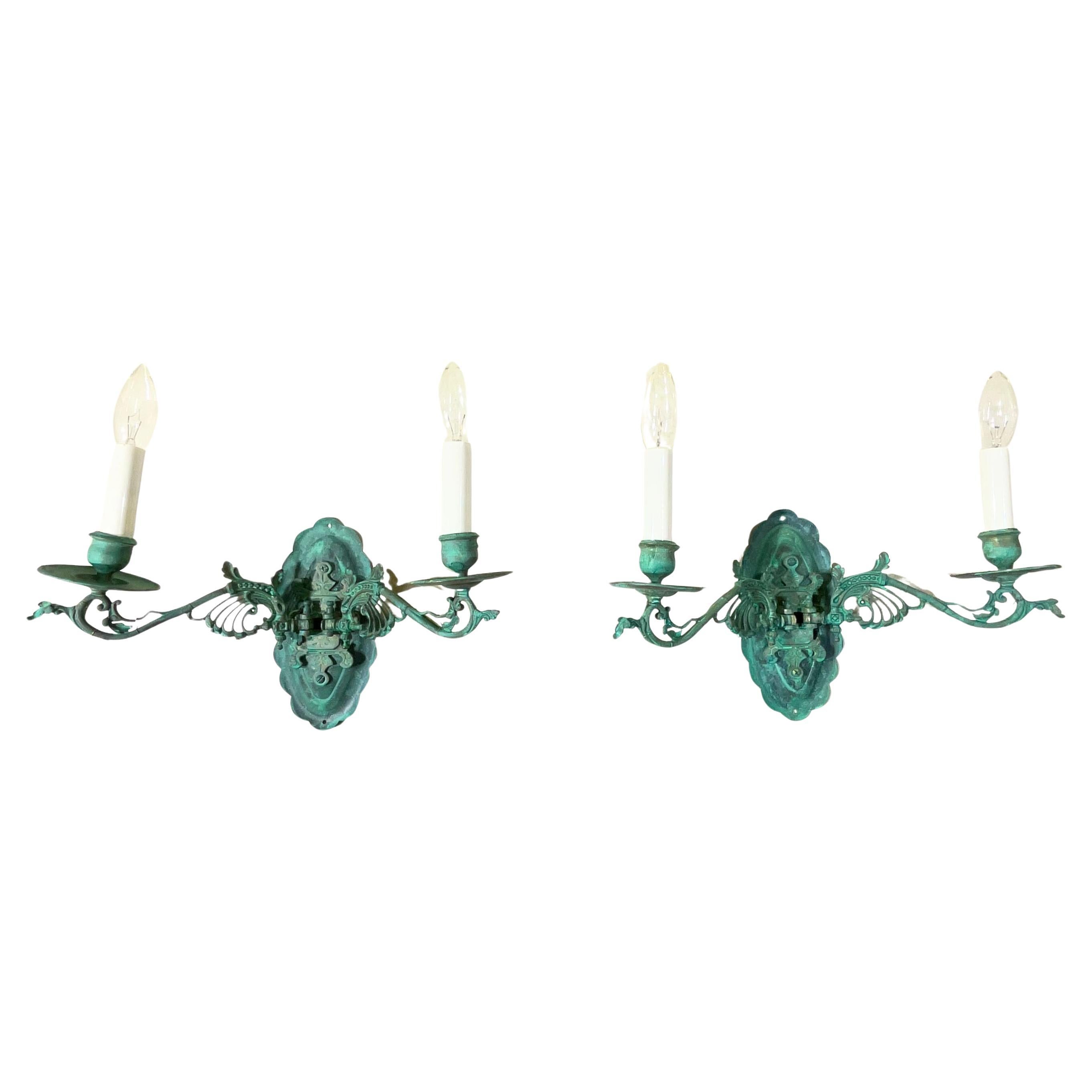 Pair of Antique French Style Verdigris Wall Sconces in vendita
