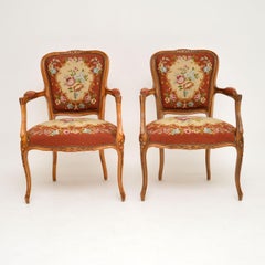 Pair of Antique French Tapestry Salon Armchairs