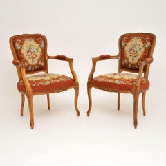 Pair of Antique French Tapestry Salon Armchairs