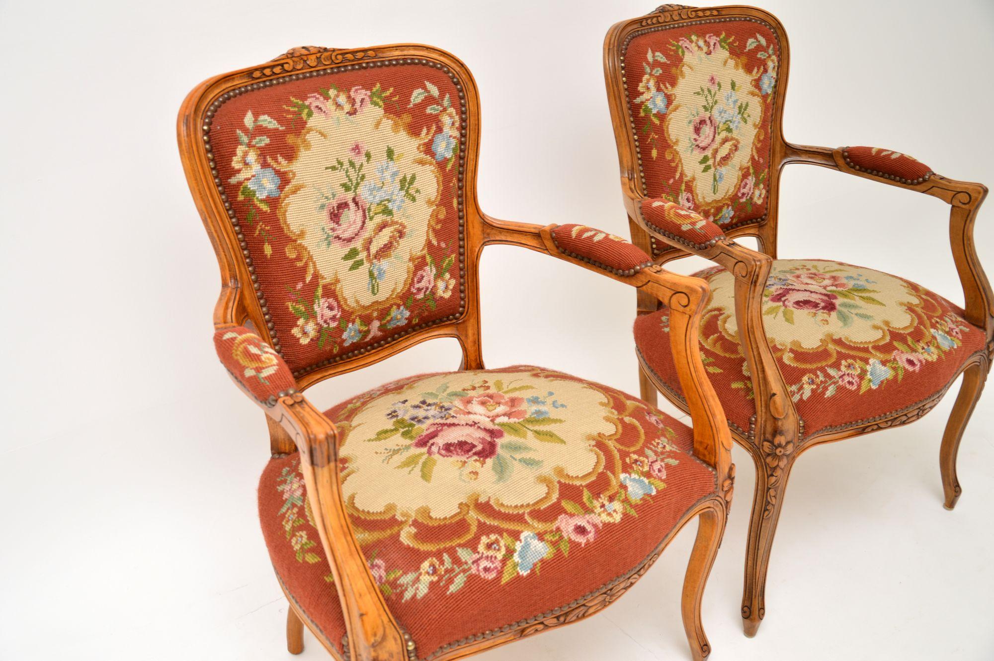 Louis XV Pair of Antique French Tapestry Salon Armchairs