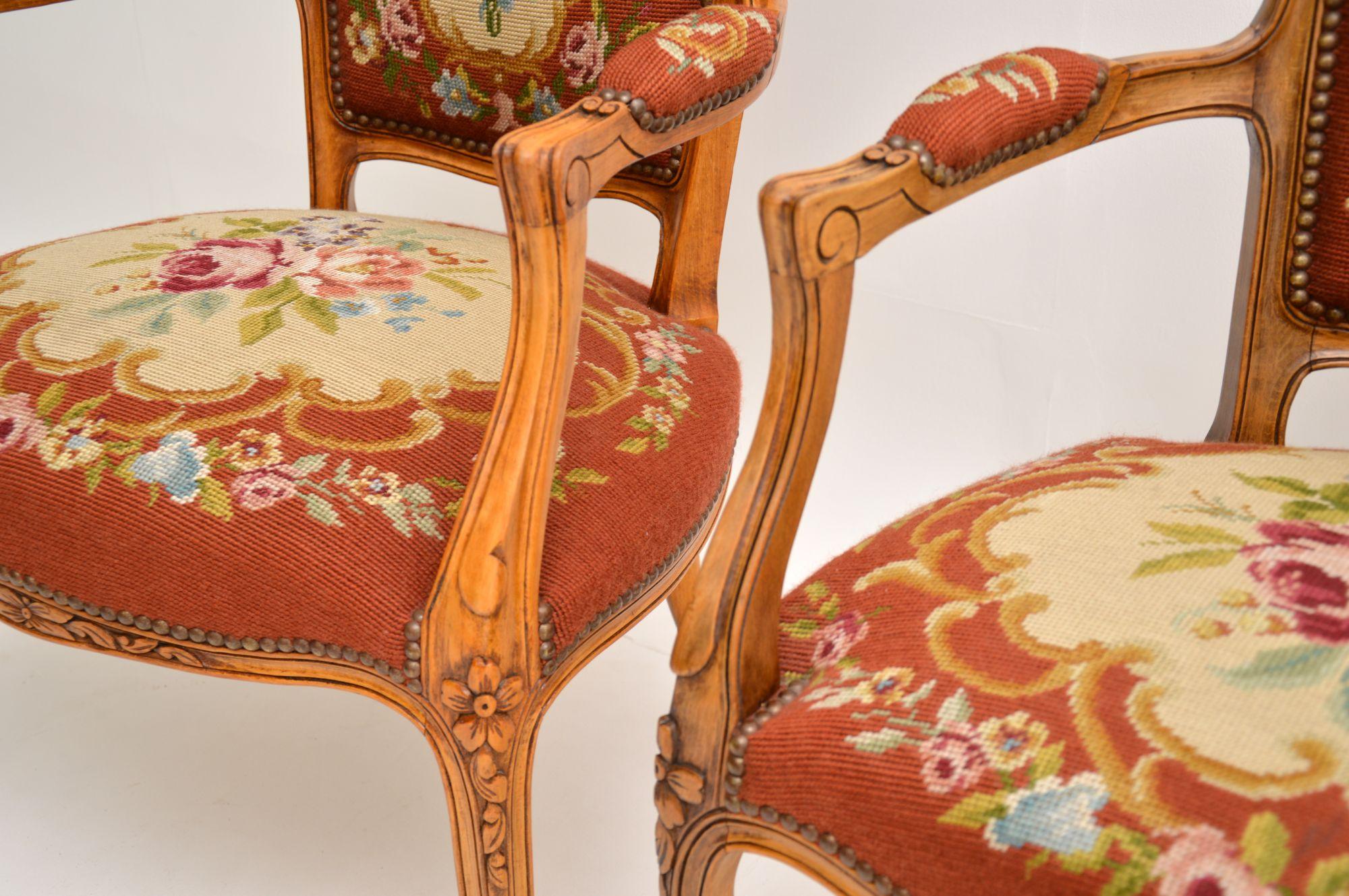 Fabric Pair of Antique French Tapestry Salon Armchairs