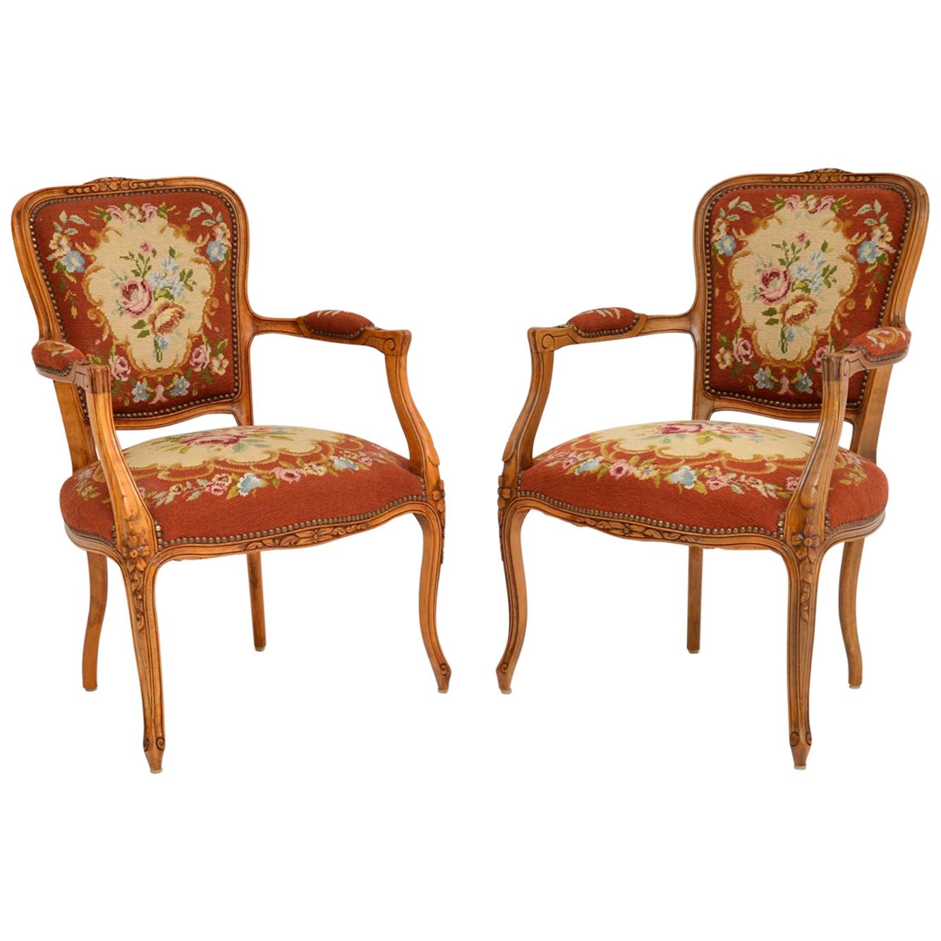 Pair of Antique French Tapestry Salon Armchairs