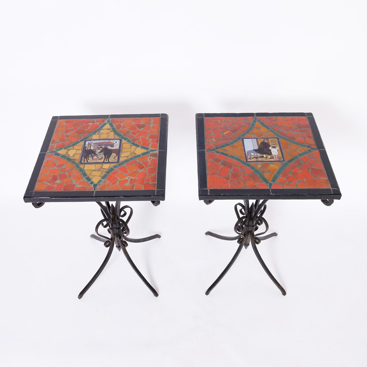 French Provincial Pair of Antique French Tile Top Iron Tables For Sale