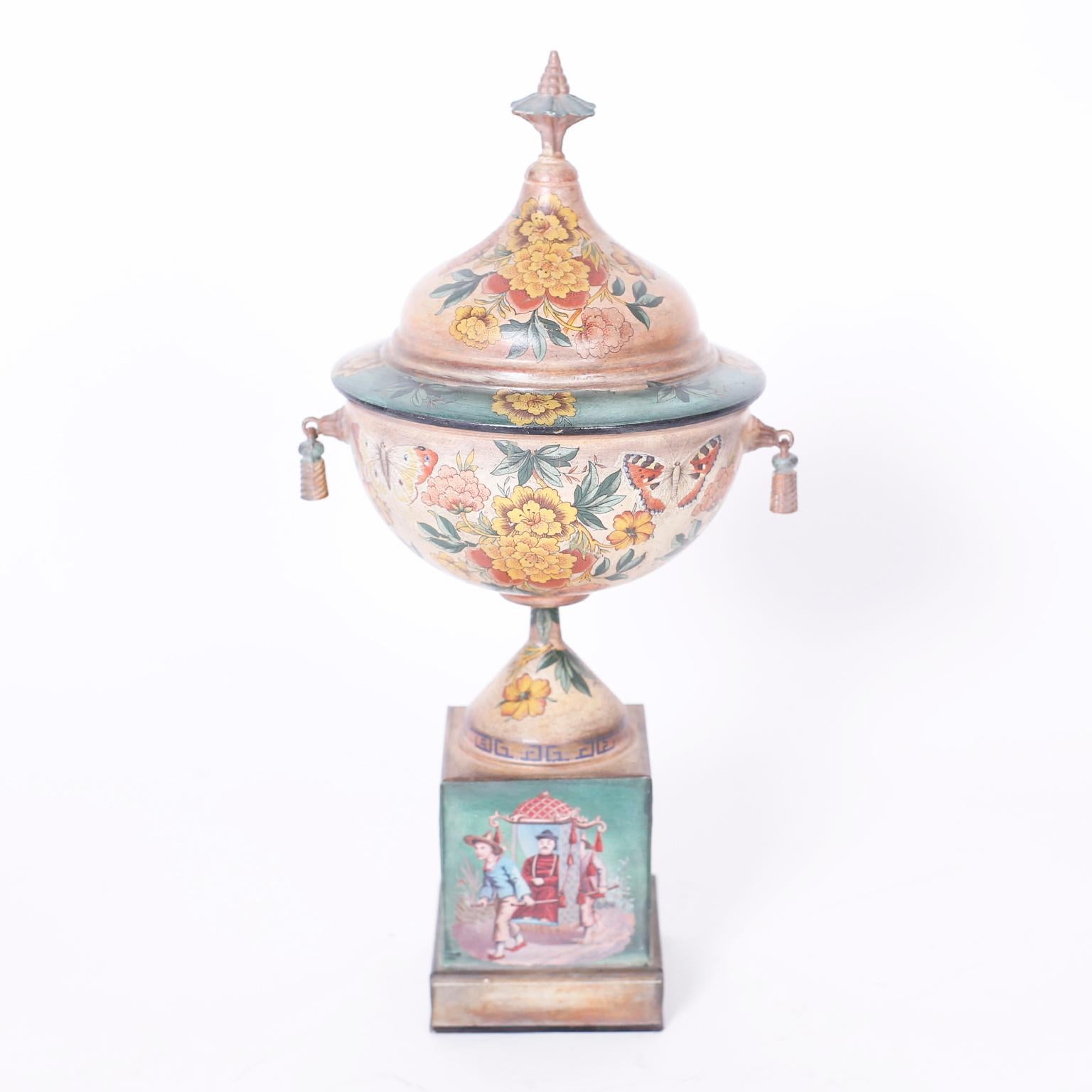 Chinoiserie Pair of Antique French Tole Urns For Sale