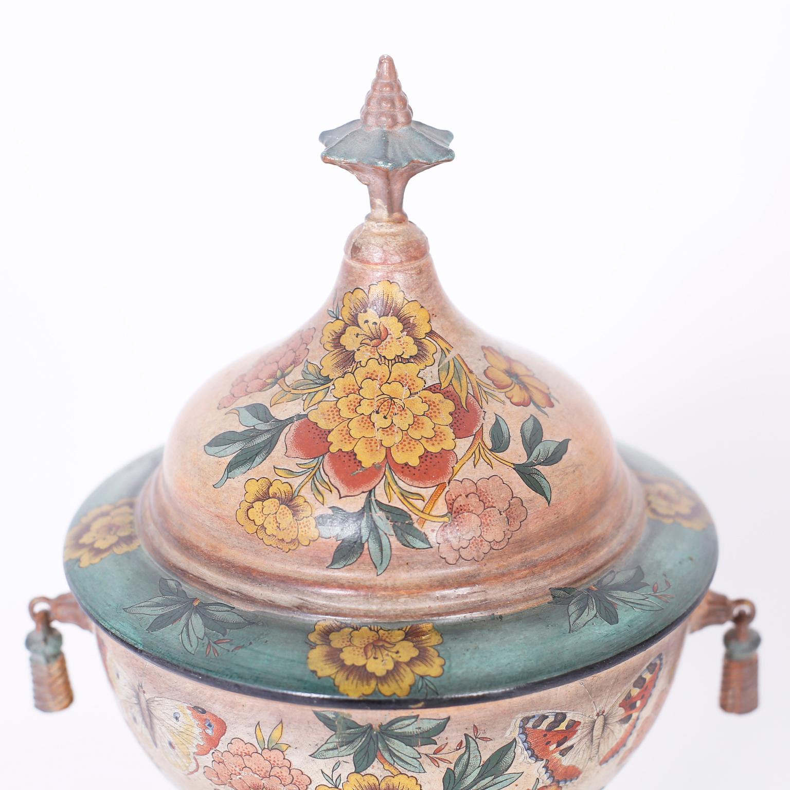 Hand-Painted Pair of Antique French Tole Urns For Sale