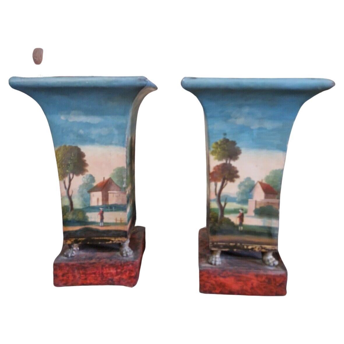 Pair of Antique French Tole Vases Cache Pots 19th Century For Sale