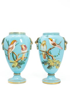 Pair of Antique French Turquoise Blue Opaline Glass Handles Vases with Hand-Pain
