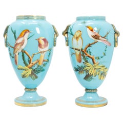 Pair of Antique French Turquoise Blue Opaline Glass Handles Vases with Hand-Pain