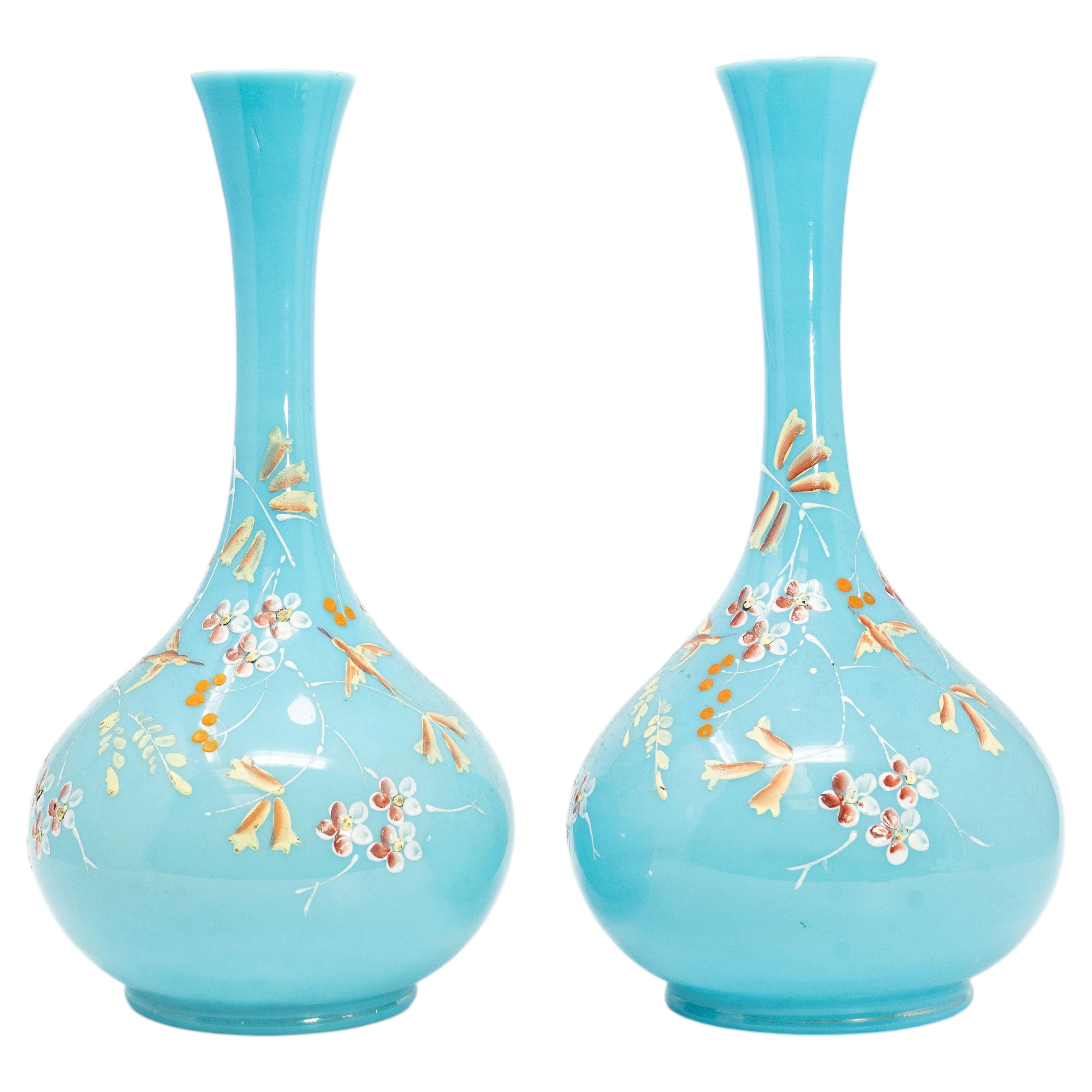 Pair of Antique French Turquoise Blue Opaline Glass Solifleur Vases with Hand-Pa