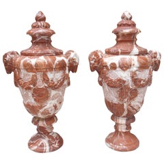Pair of Antique French Vases Aux Beliers in Carved Rouge Marble