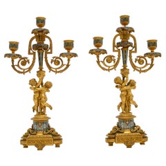 Pair of Antique French Victorian Gilt Bronze Champlevé Candelabra