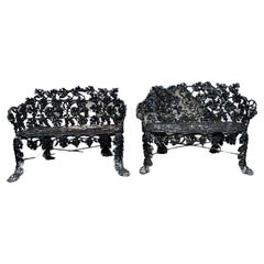 Pair of Antique French Victorian Grapevine Leaf Cast Iron Garden Benches