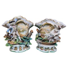 Pair Of Antique French Vieux Paris Figural Floral Scenery Of Man, Woman & Dog