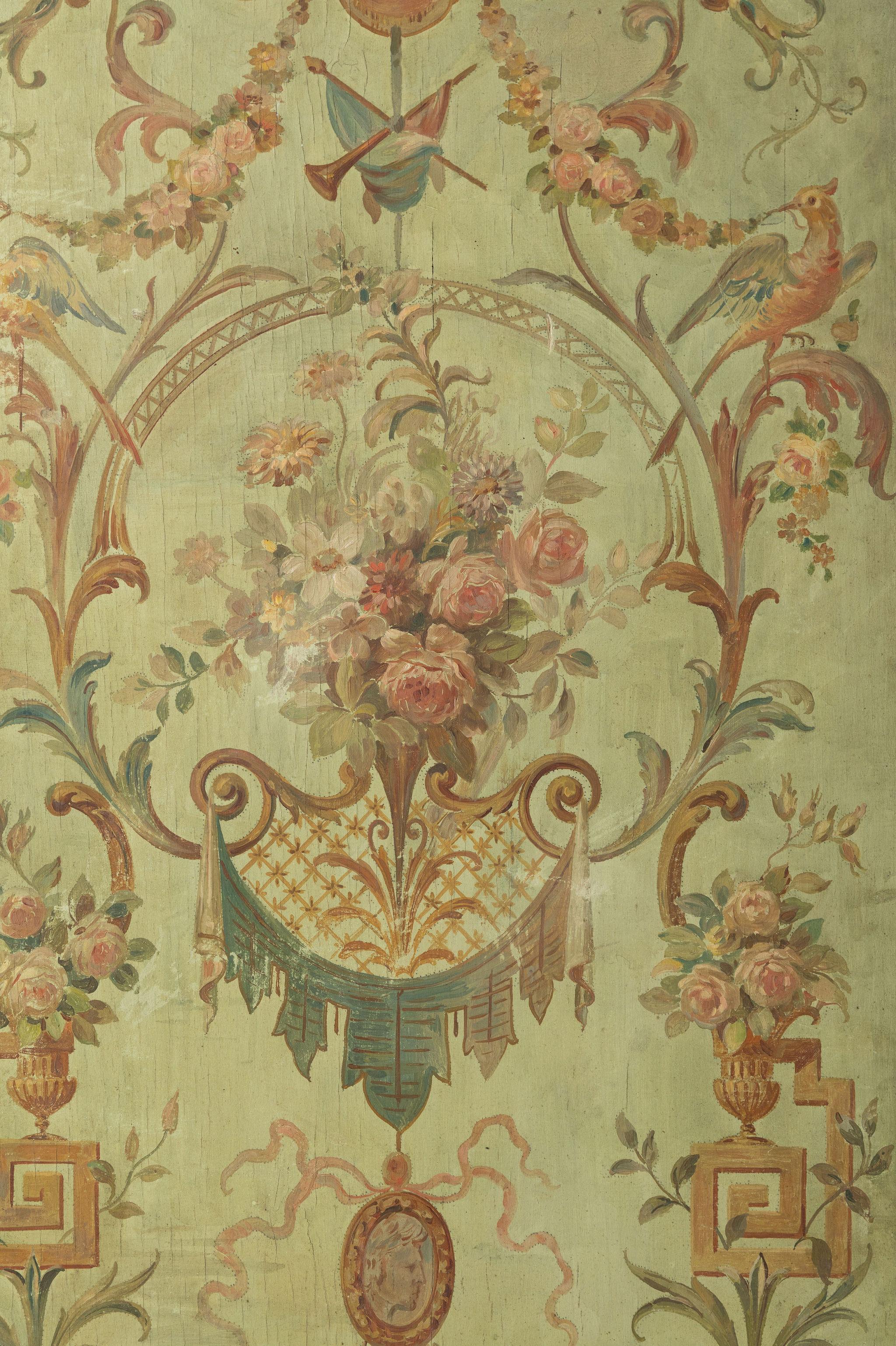Late 19th Century / early 20th Century pair of antique French panels, oil on wood, pretty detail, soft colour tones.
Worn fabric on the back. 
A very pretty decorative pair of wall panels. Sourced in Provence. 