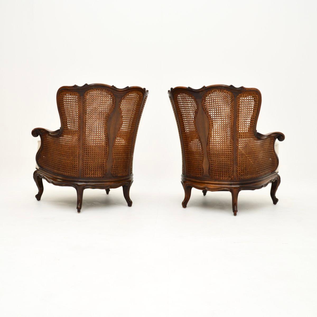 Early 20th Century Pair of Antique French Walnut Bergère Armchairs