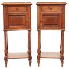 Pair of Antique French Walnut Nightstands Bedside Tables with Marble Tops