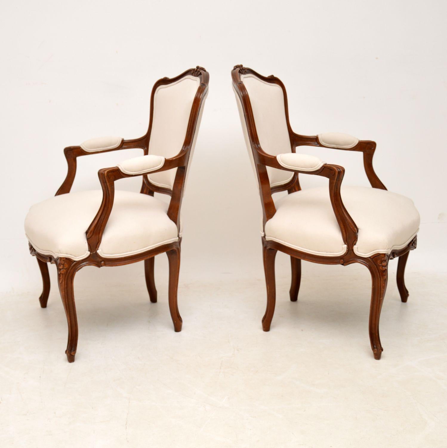 Louis XV Pair of Antique French Walnut Salon Armchairs