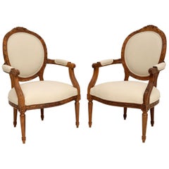 Pair of Antique French Walnut Salon Armchairs