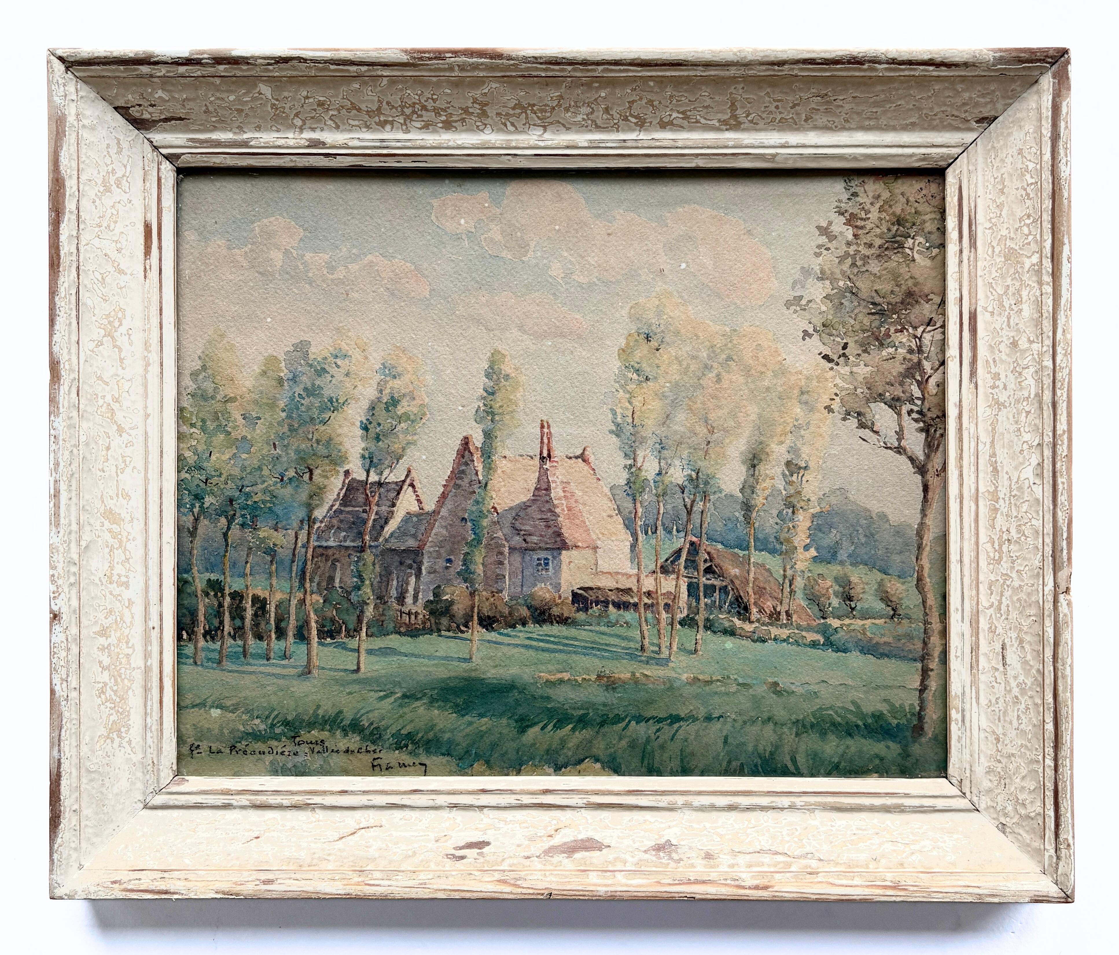 Dieses elegante Paar originaler antiker Aquarelle des berühmten französischen Künstlers François Flameng (1856-1923) bietet einen seltenen Einblick in pastorale französische Landschaften an der Wende zum 20. Jahrhundert. Diese harmonischen