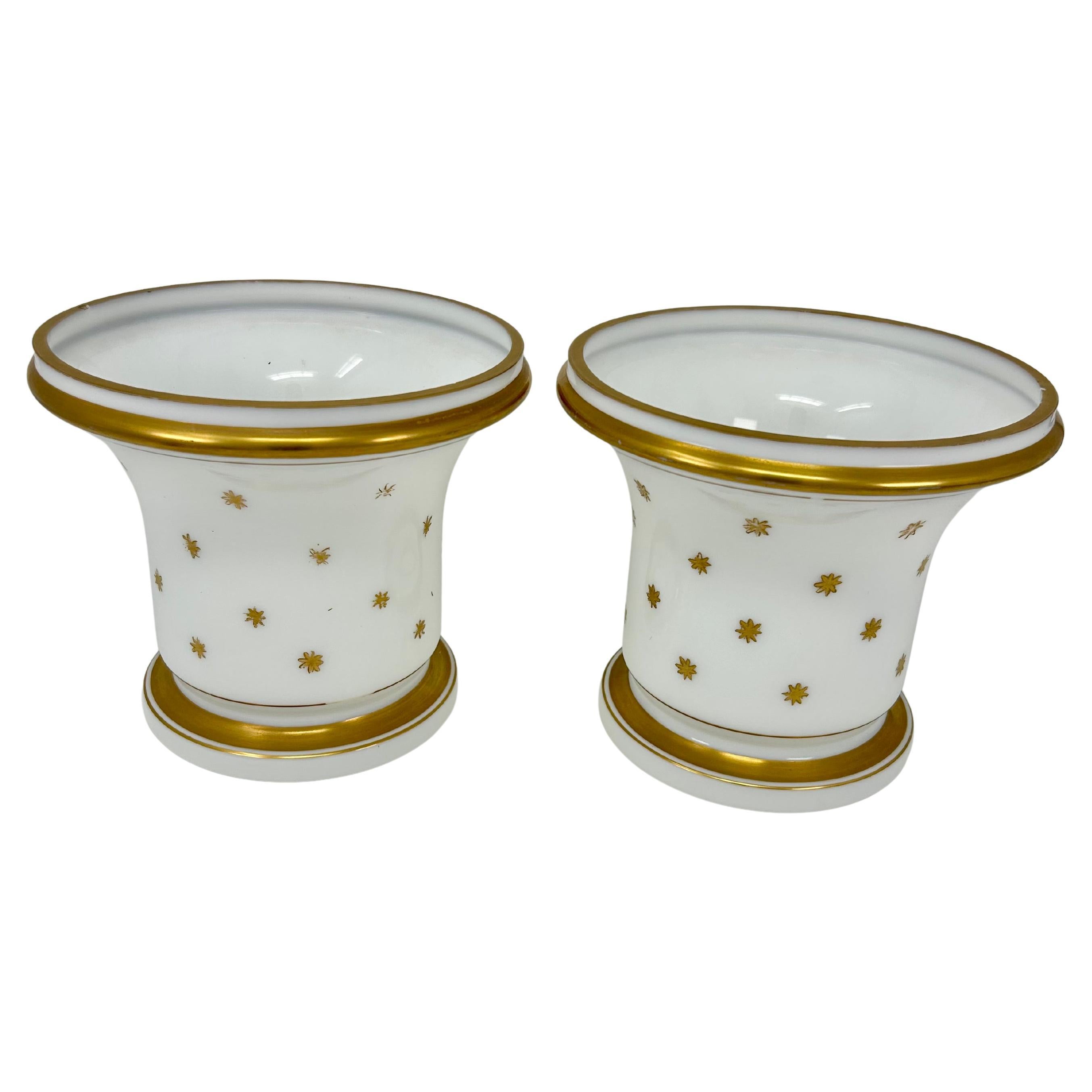 Pair of Antique French White Opaline Cachepots with Gilt Decorations For Sale