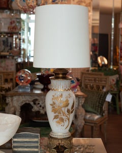 Pair of Antique French White Opaline Glass & Bronze Lamps with White Linen Shade