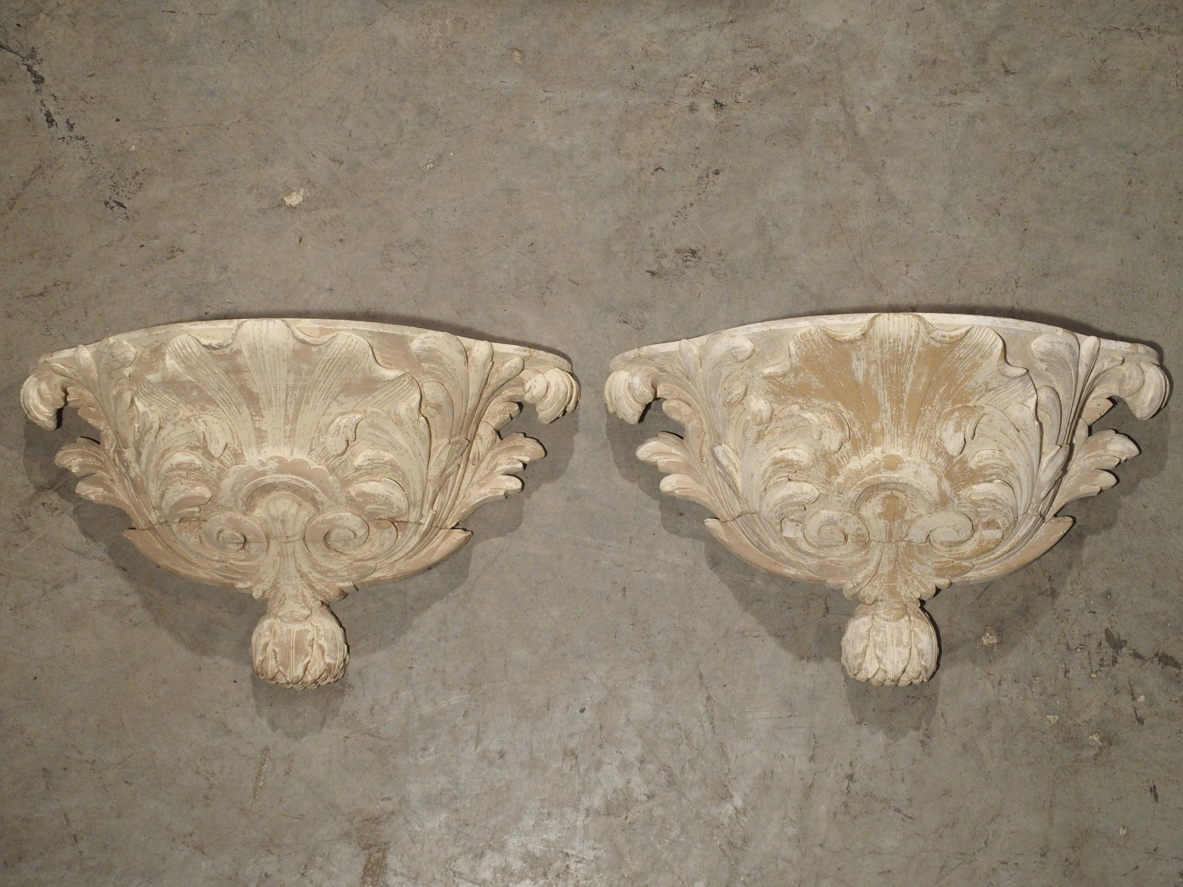 Pair of Antique French Whitewashed Wooden Brackets 12
