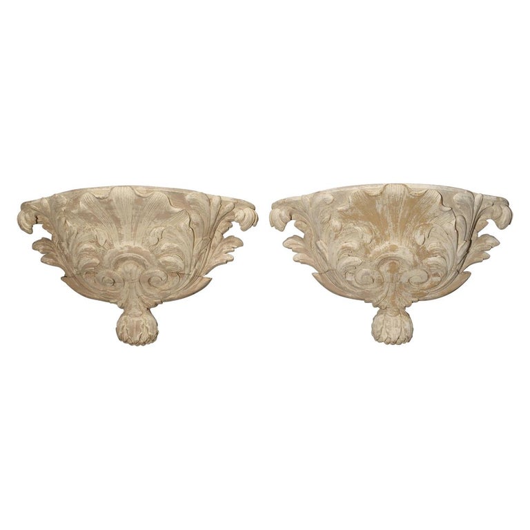 Pair of Antique French Whitewashed Wooden Brackets For Sale at 1stDibs