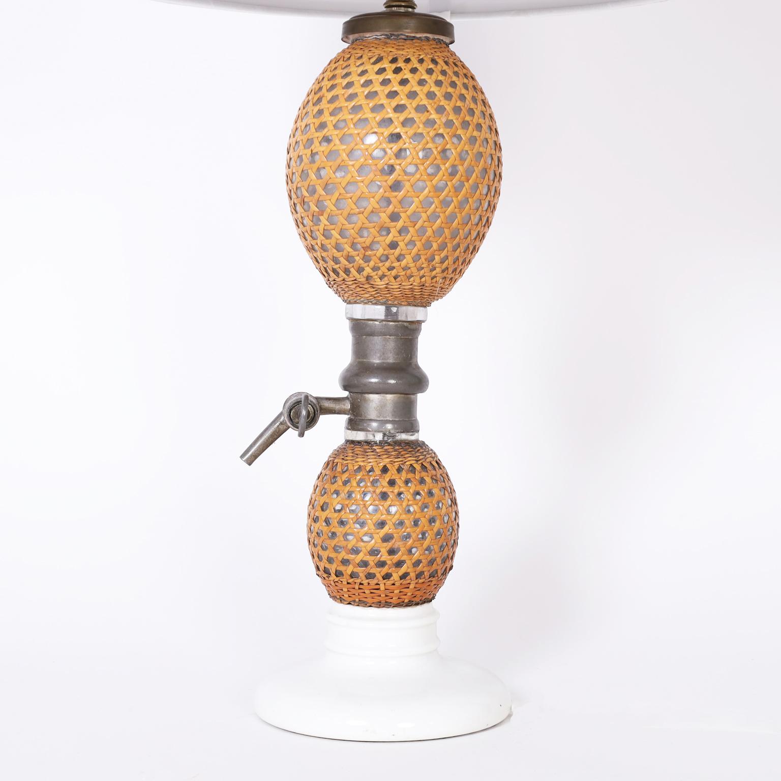 Pair of Antique French Wicker and Glass Seltzer Bottle Table Lamps In Good Condition In Palm Beach, FL