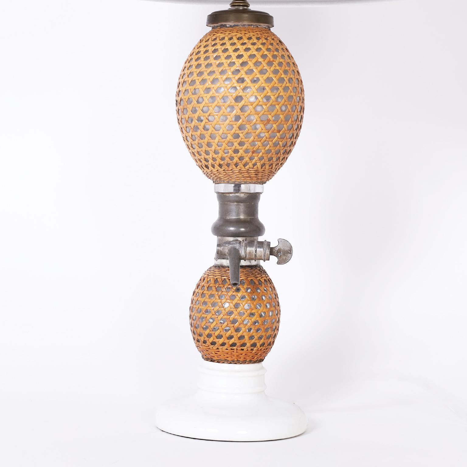 20th Century Pair of Antique French Wicker and Glass Seltzer Bottle Table Lamps