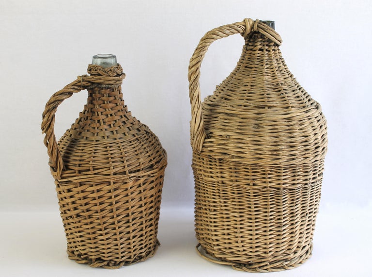 Pair of Antique French Wicker Wrapped Glass Wine Jug DemiJohn at 1stDibs