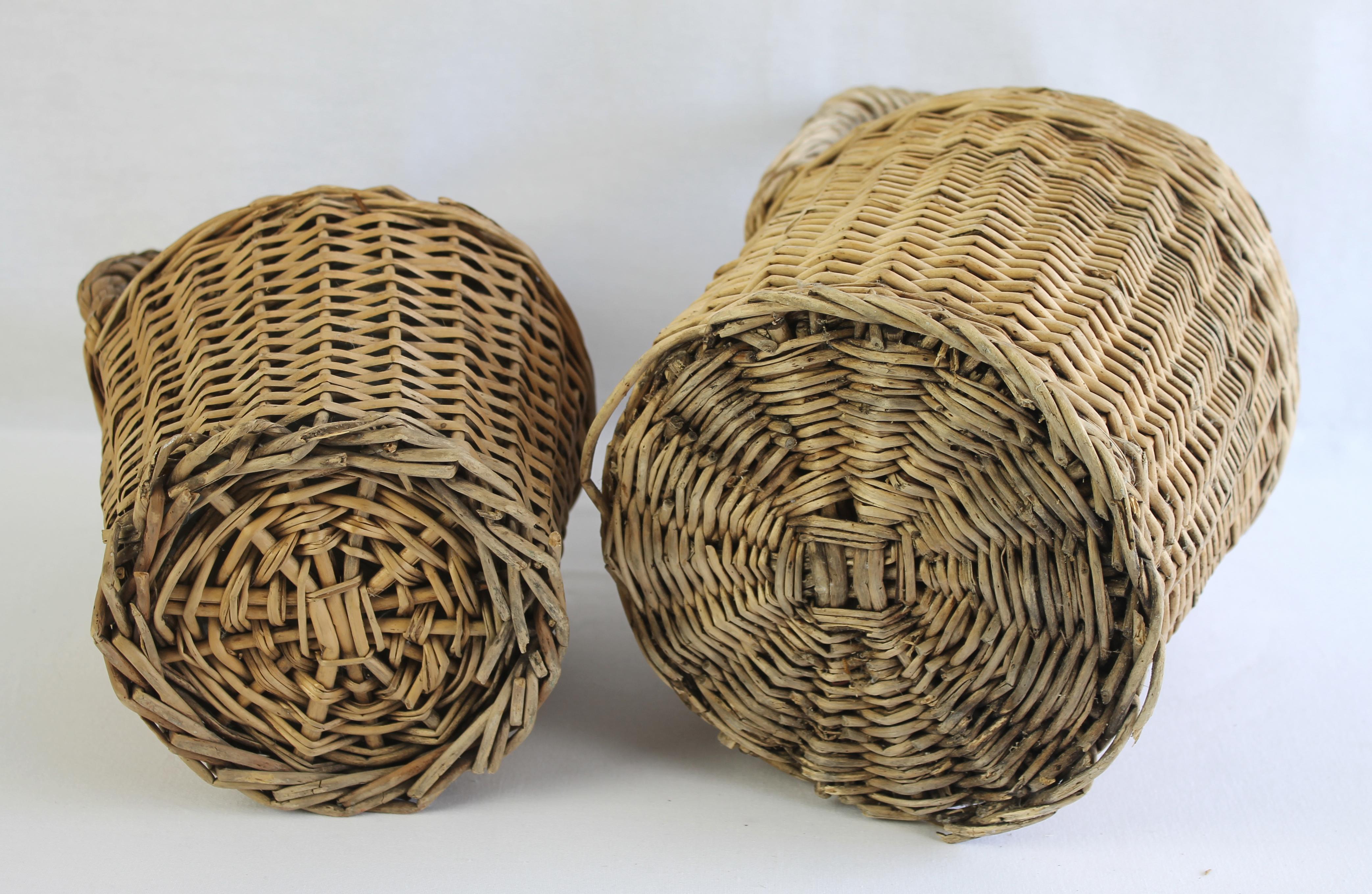 European Pair of Antique French Wicker Wrapped Glass Wine Jug Demi-John