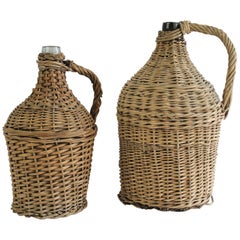 Pair of Vintage French Wicker Wrapped Glass Wine Jug Demi-John