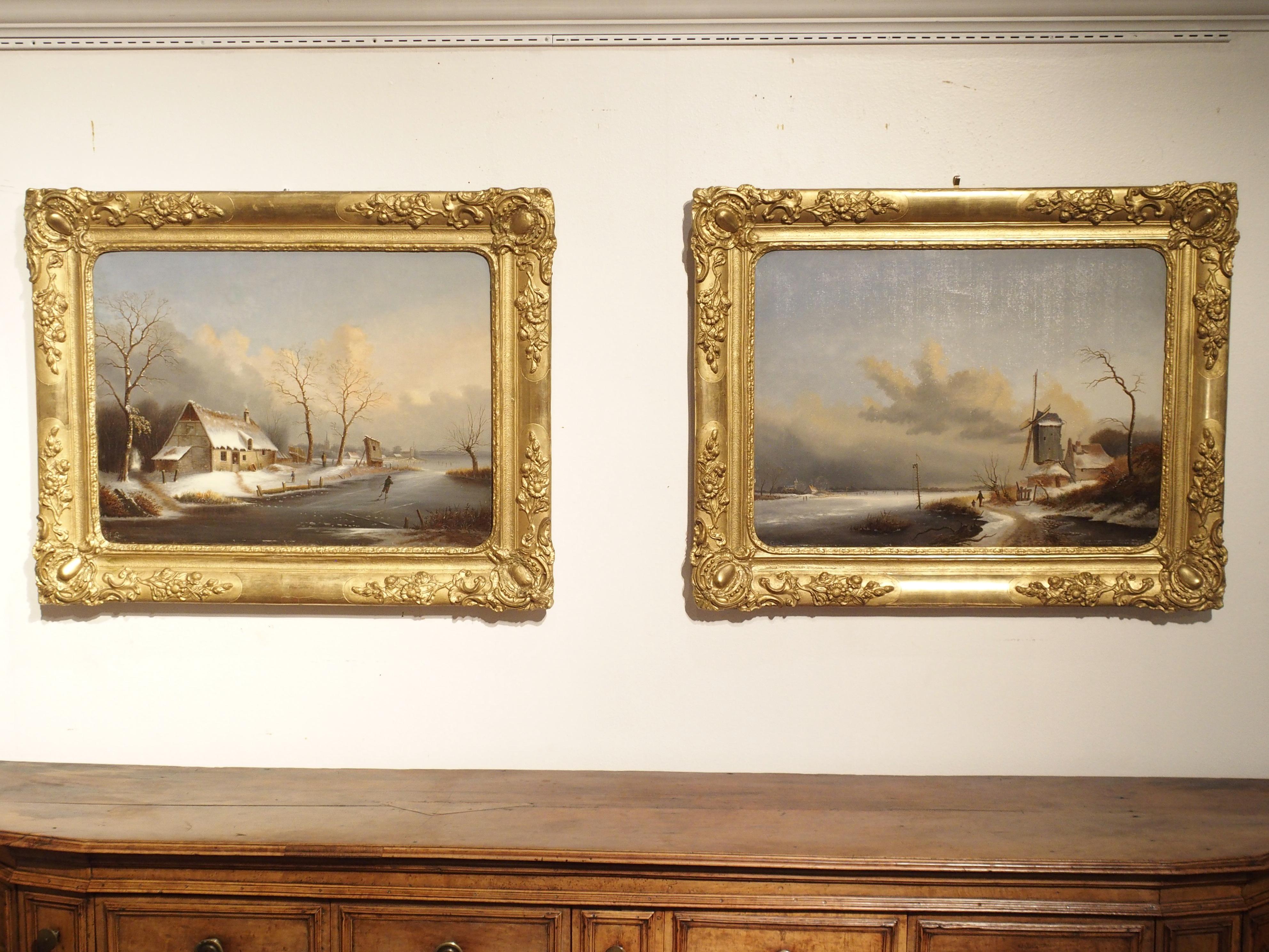 Pair of Antique French Winter Scene Paintings, Albert Lenoir, 1851 12