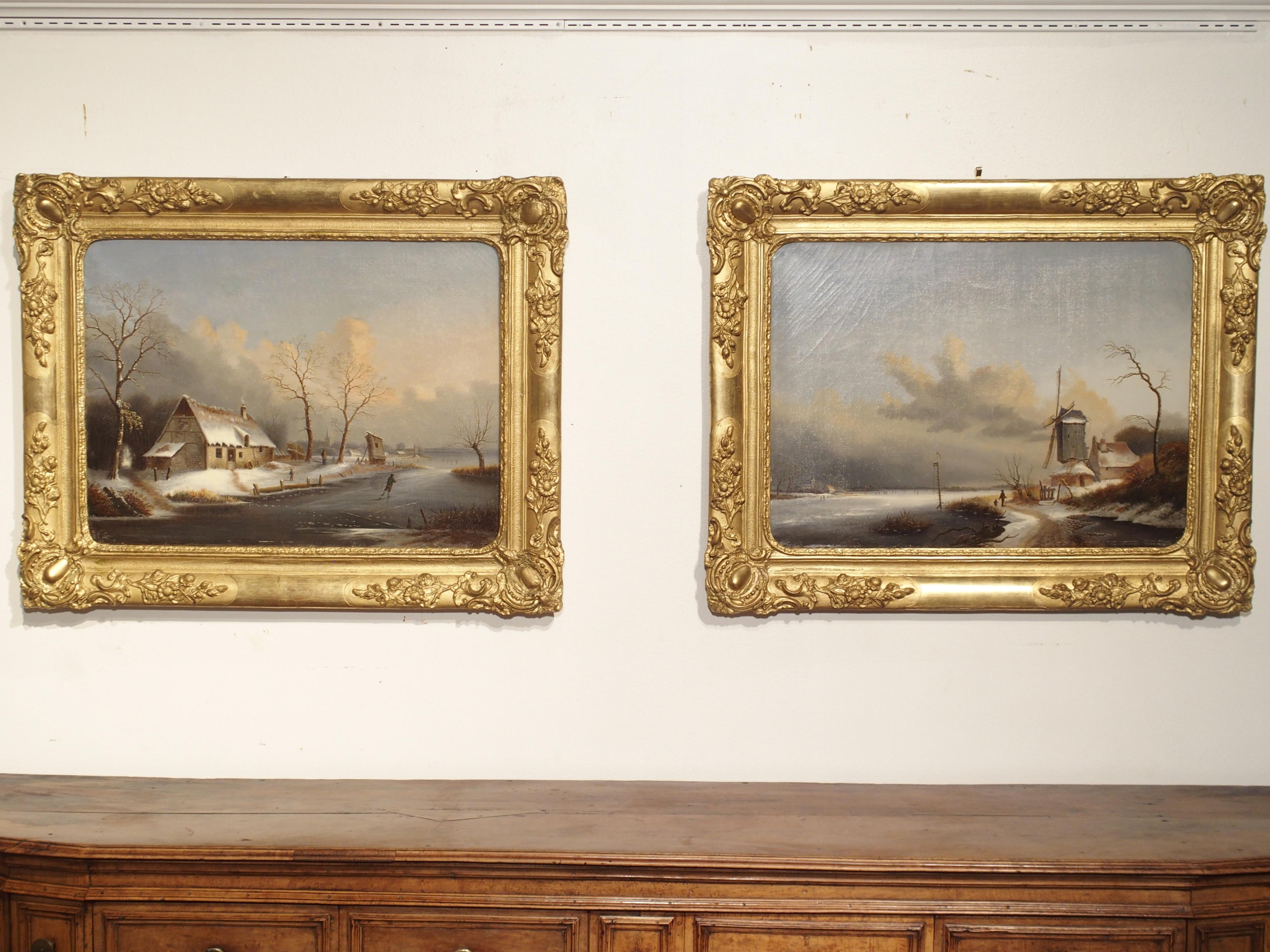 Pair of Antique French Winter Scene Paintings, Albert Lenoir, 1851 13