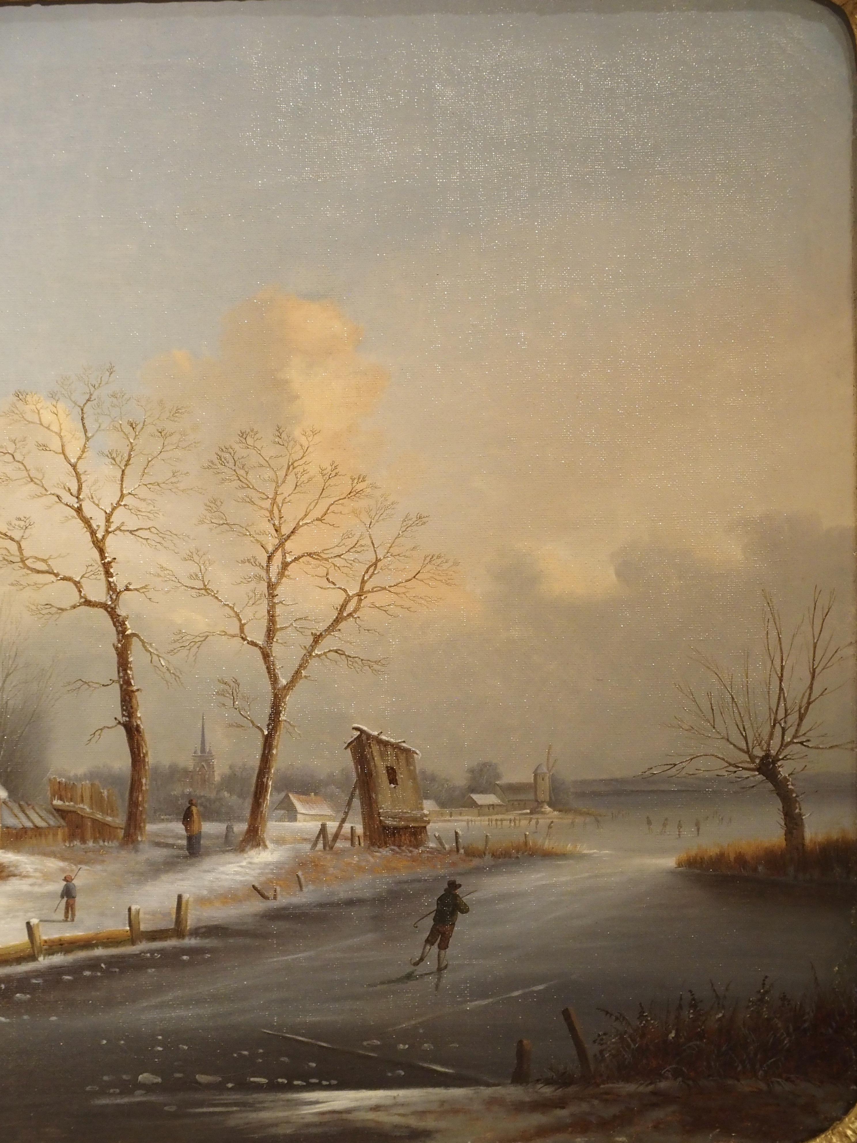Gilt Pair of Antique French Winter Scene Paintings, Albert Lenoir, 1851