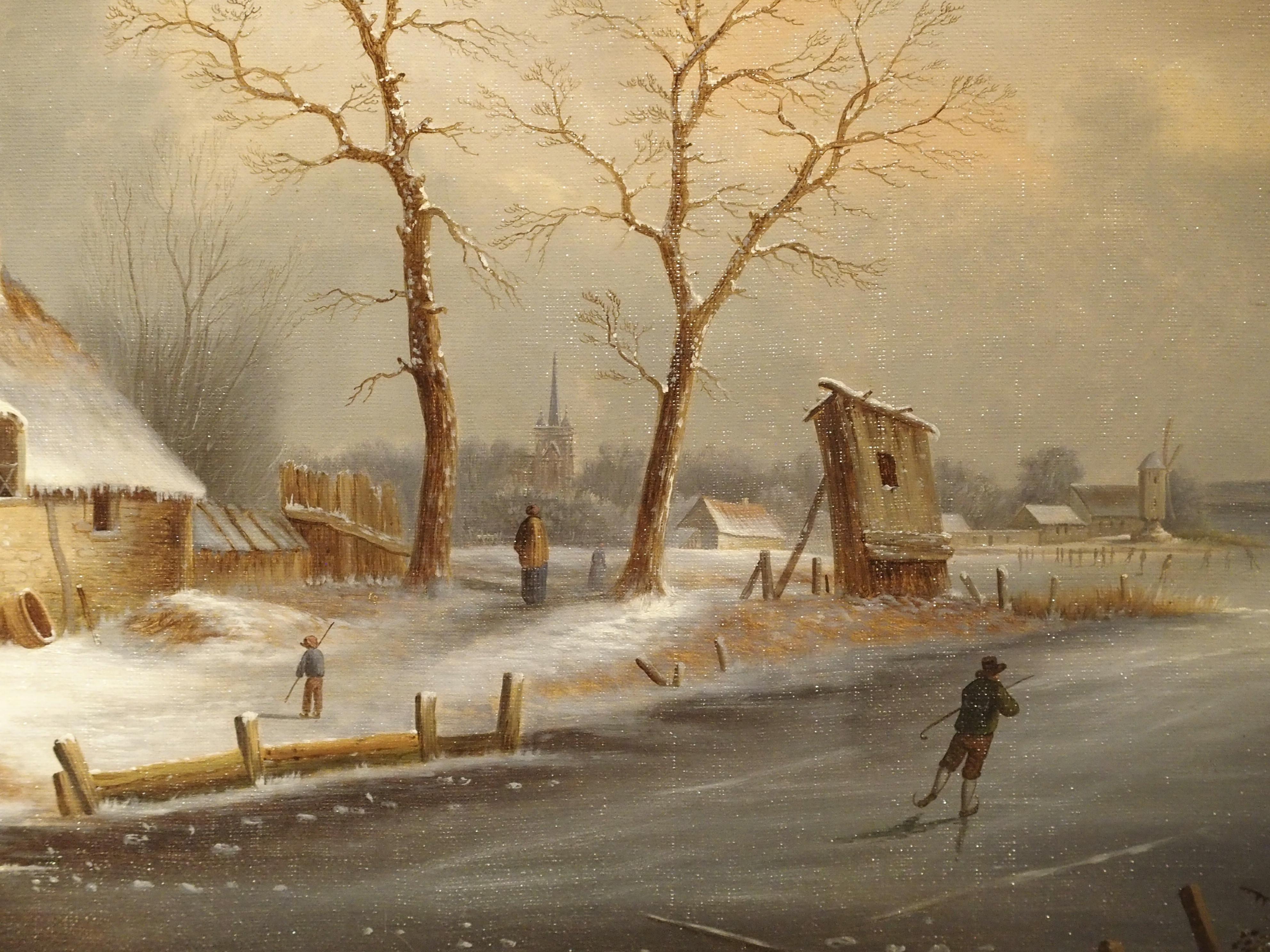 Pair of Antique French Winter Scene Paintings, Albert Lenoir, 1851 In Good Condition In Dallas, TX
