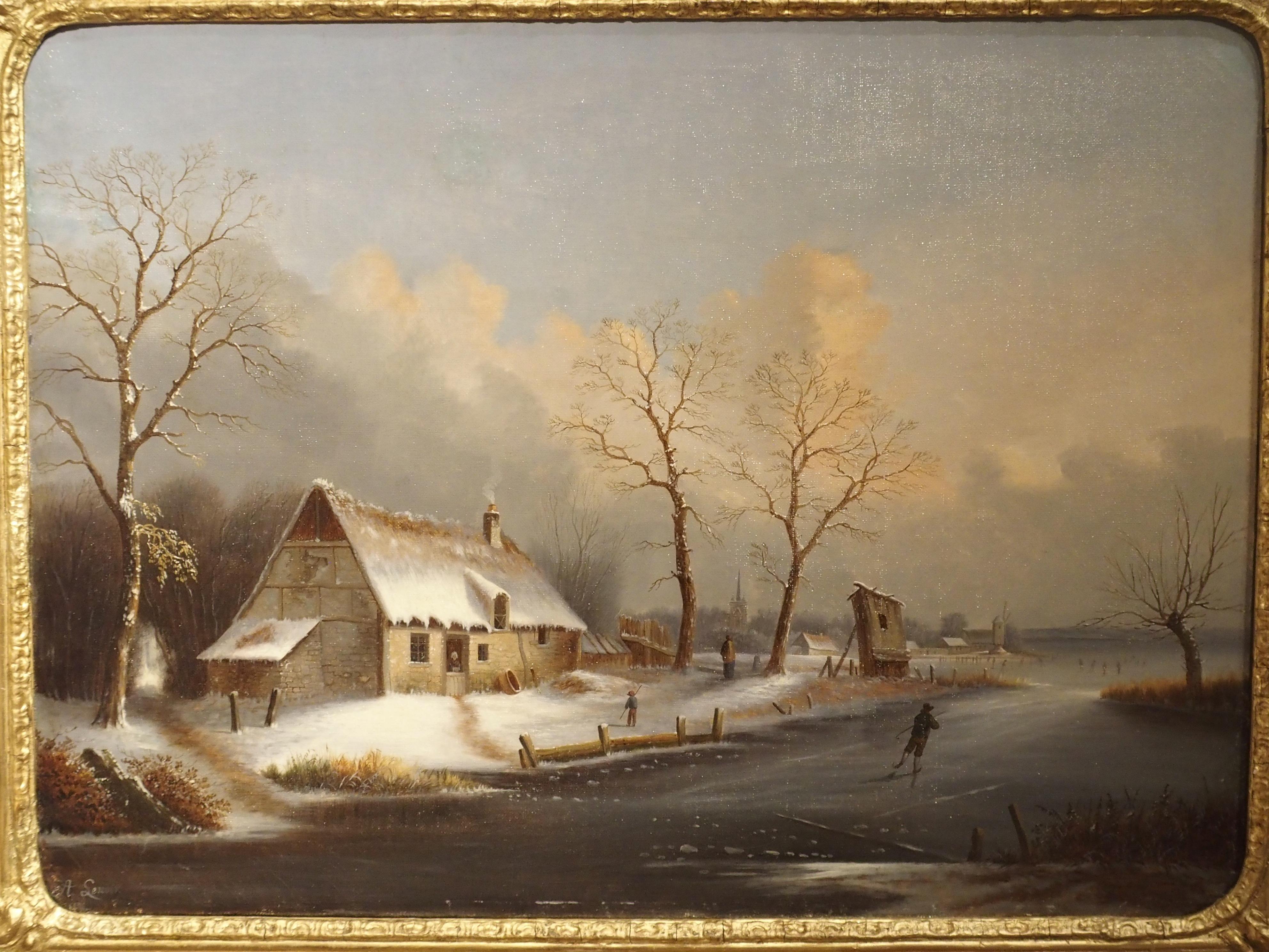 19th Century Pair of Antique French Winter Scene Paintings, Albert Lenoir, 1851
