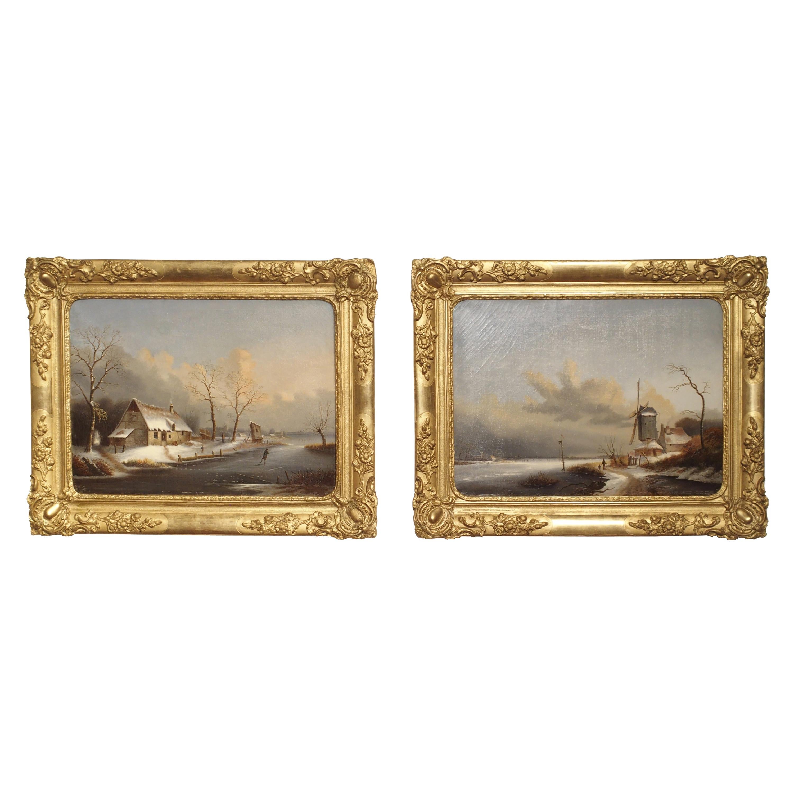 Pair of Antique French Winter Scene Paintings, Albert Lenoir, 1851