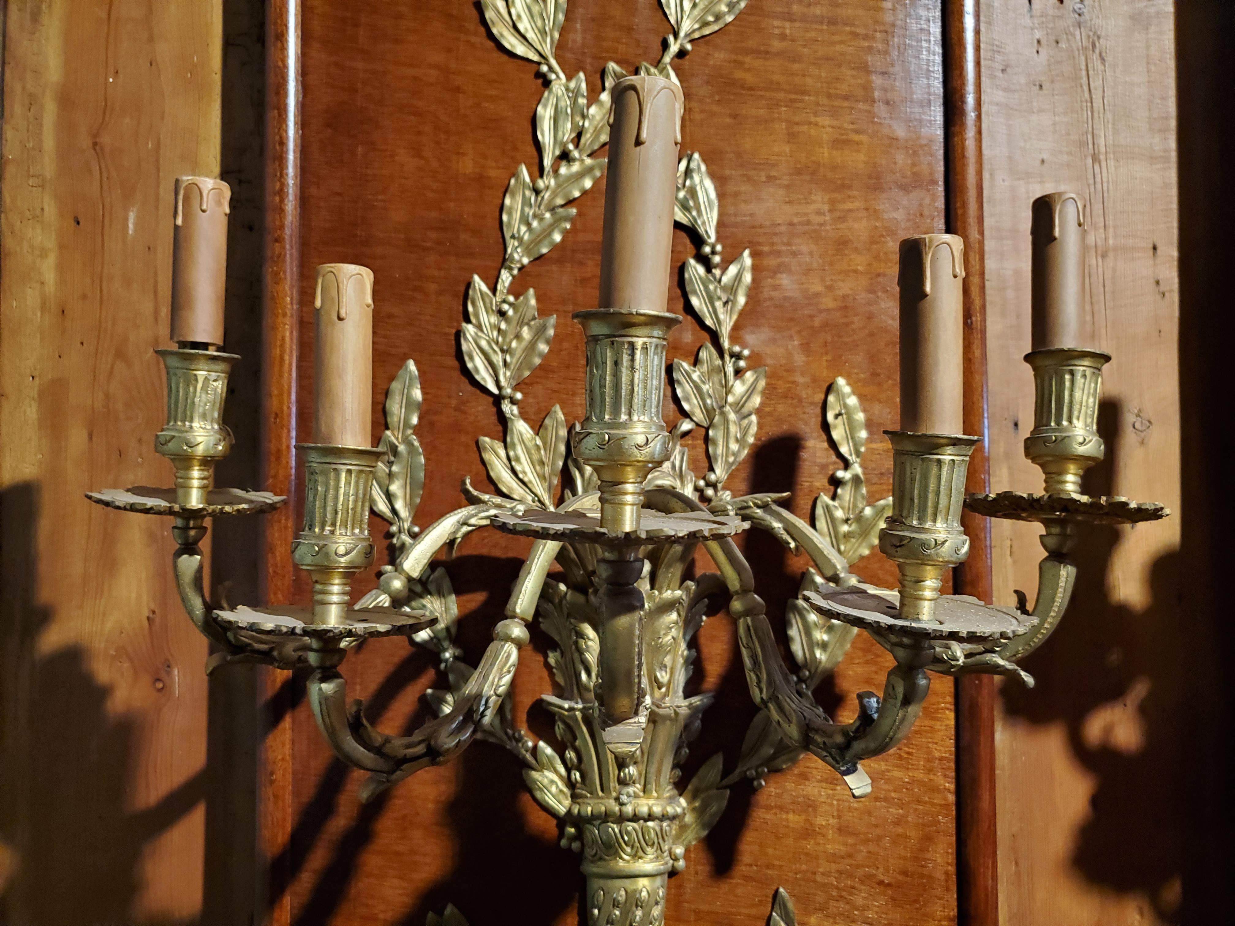 19th Century Pair of Antique French Wood Paneled Bronze D'ore Wall Sconces For Sale