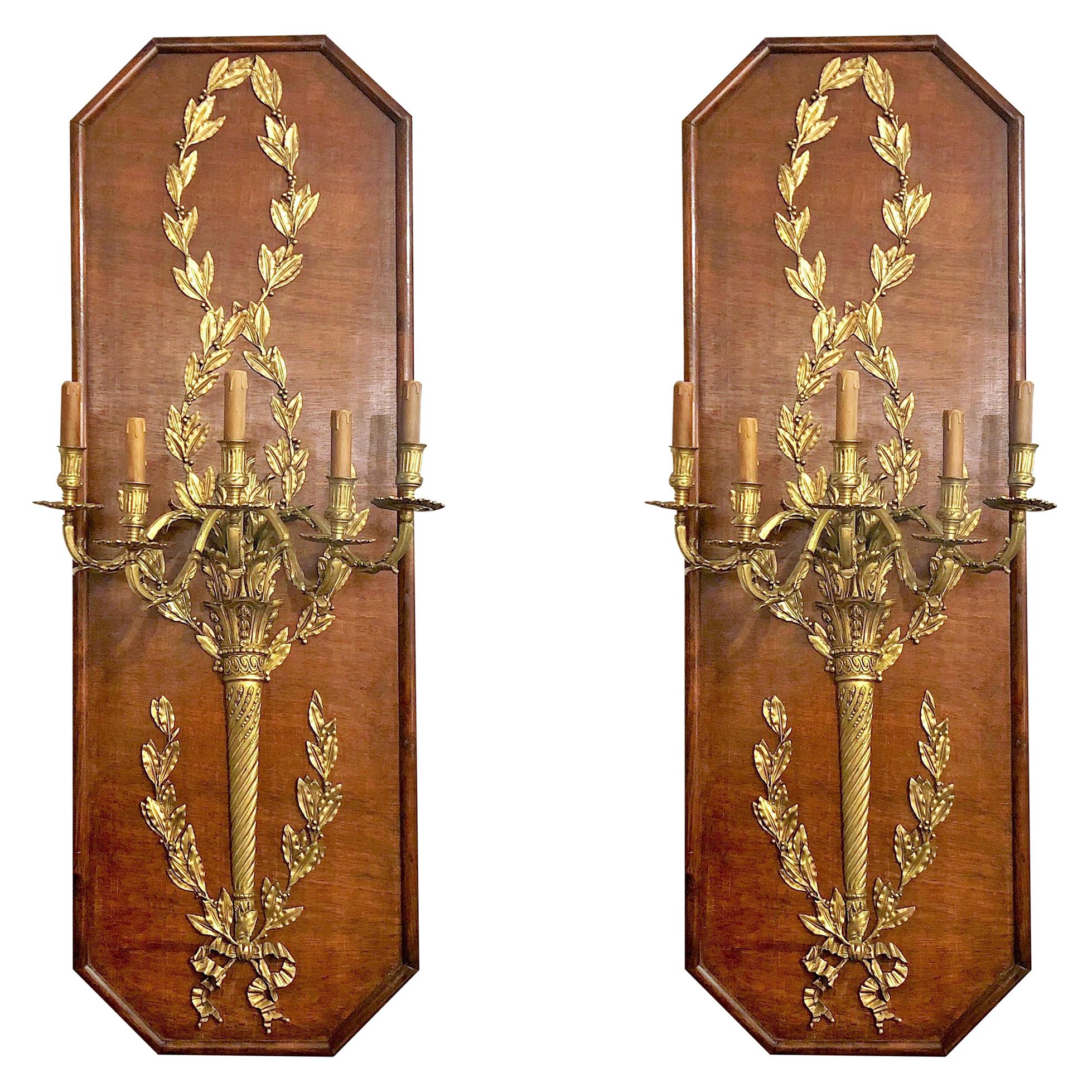 Pair of Antique French Wood Paneled Bronze D'ore Wall Sconces For Sale