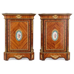 Pair of Antique French Wooden Cabinets with Sèvres Style Porcelain Plaques