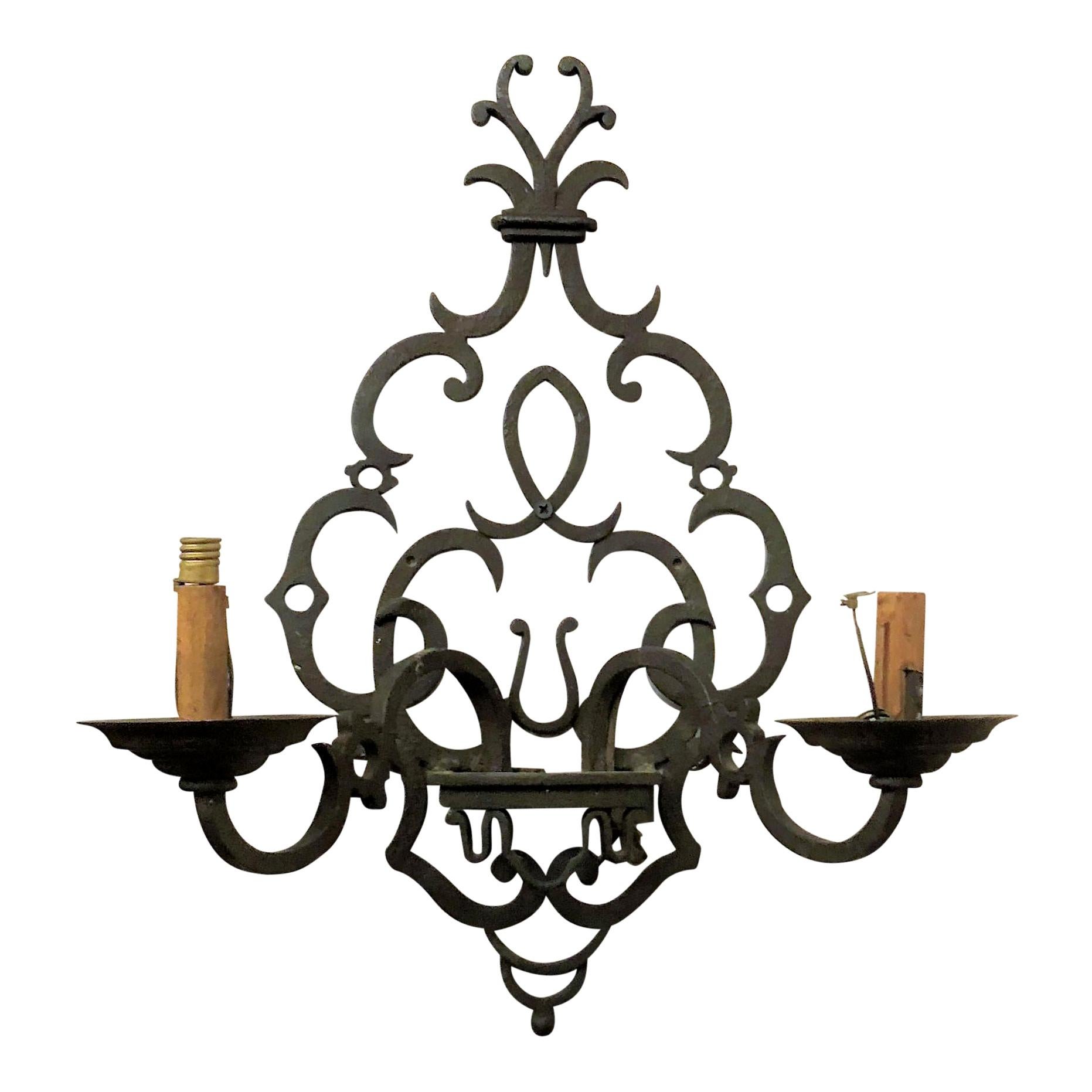 Pair of Antique French Wrought Iron Chateau Lights For Sale