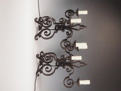Antique French Wrought Iron Table Lamps, Triple Light Design, 1900