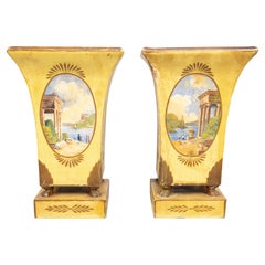 Pareja de Antiguas Urnas Jardineras de Tole Amarillo Francesas, circa 1900