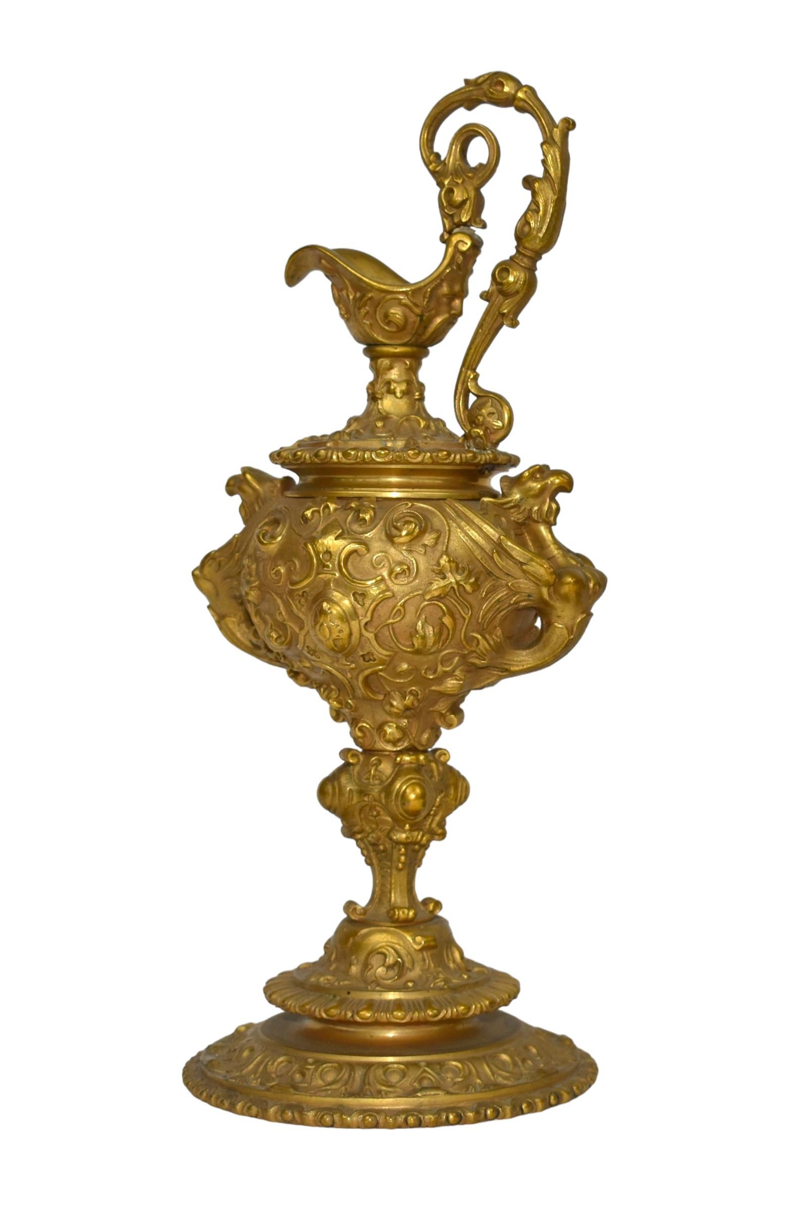 A very rare pair of antique French neo-classical gilded bronze ewer vases from the 19th century.

These ewers, created in the mid-19th century, are wonderful examples of the revival of interest in the Renaissance art form during that time

Amazing