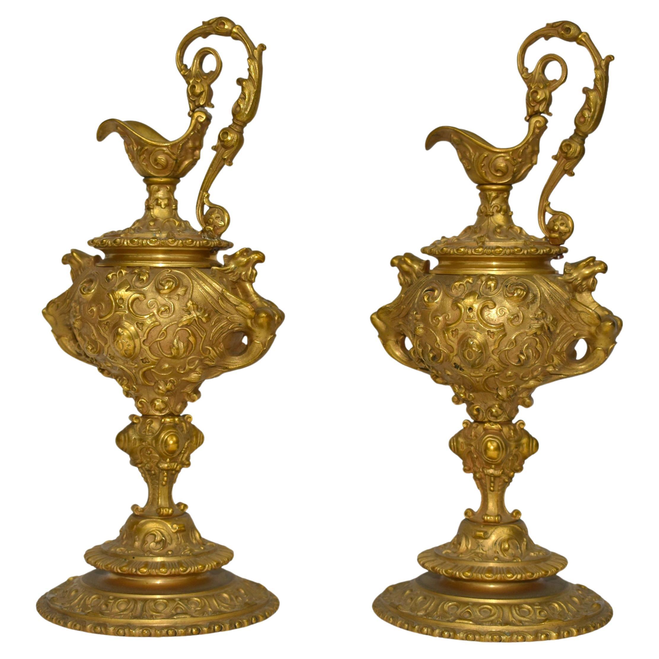 PAIR OF ANTIQUE FRNECH GILDED BRONZE EWER VASES, 19th CENTURY For Sale