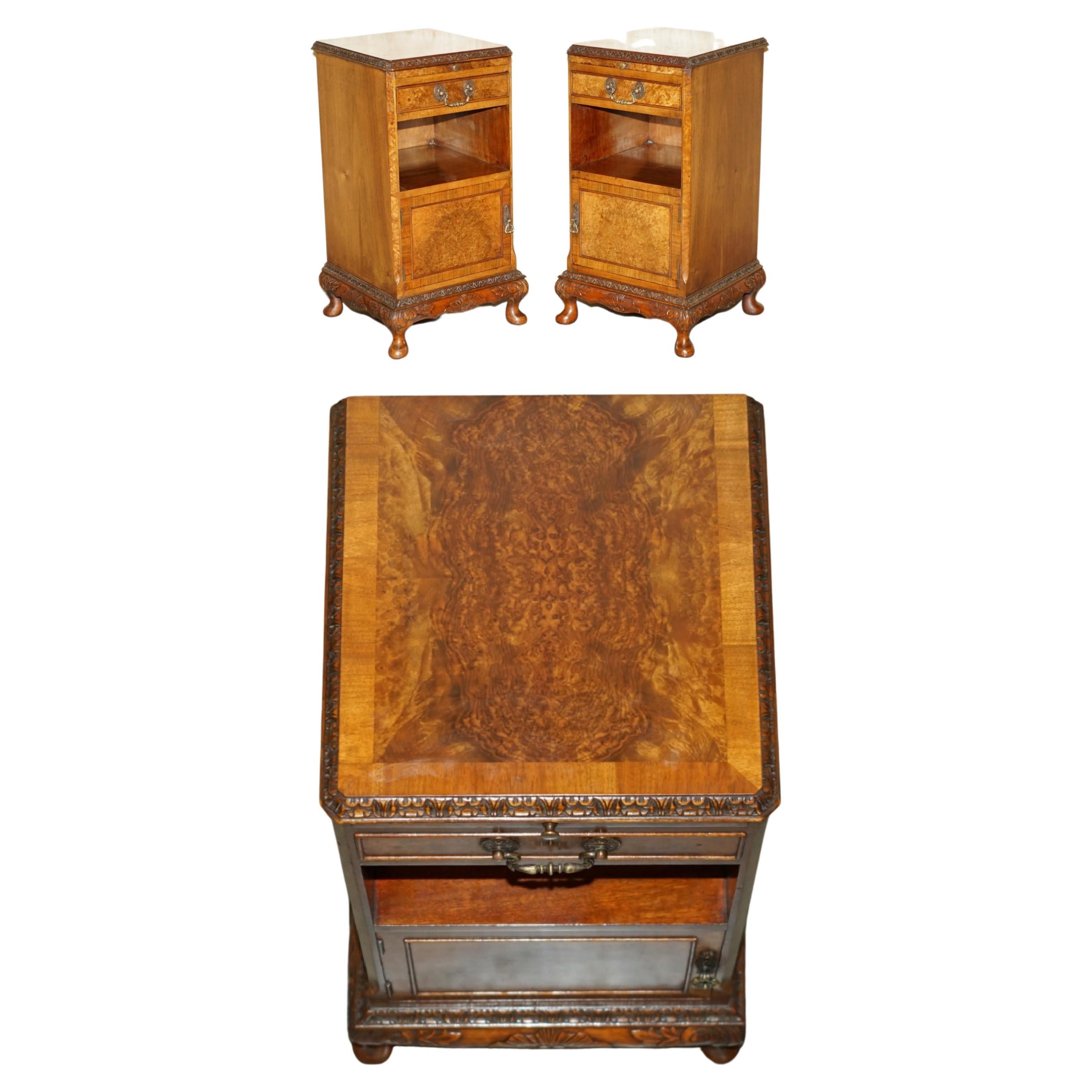 PAiR OF ANTIQUE FULLY RESTORED BURR WALNUT BEDSIDE SIDE END LAMP WINE TABLES For Sale