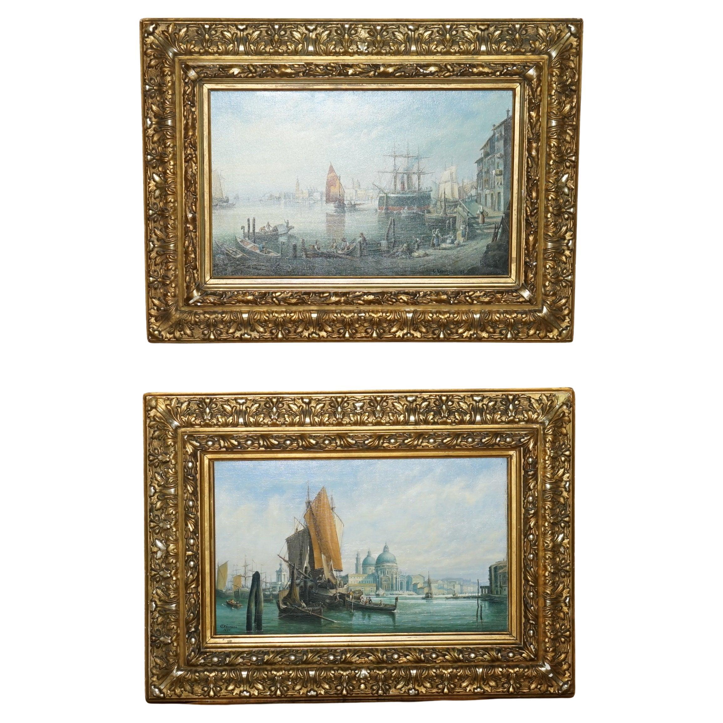 PAAR ANTIQUE G NEUMANN 1881 & 1882 datiert ÖLGEMÄLDE VON VENETIAN VIEWs