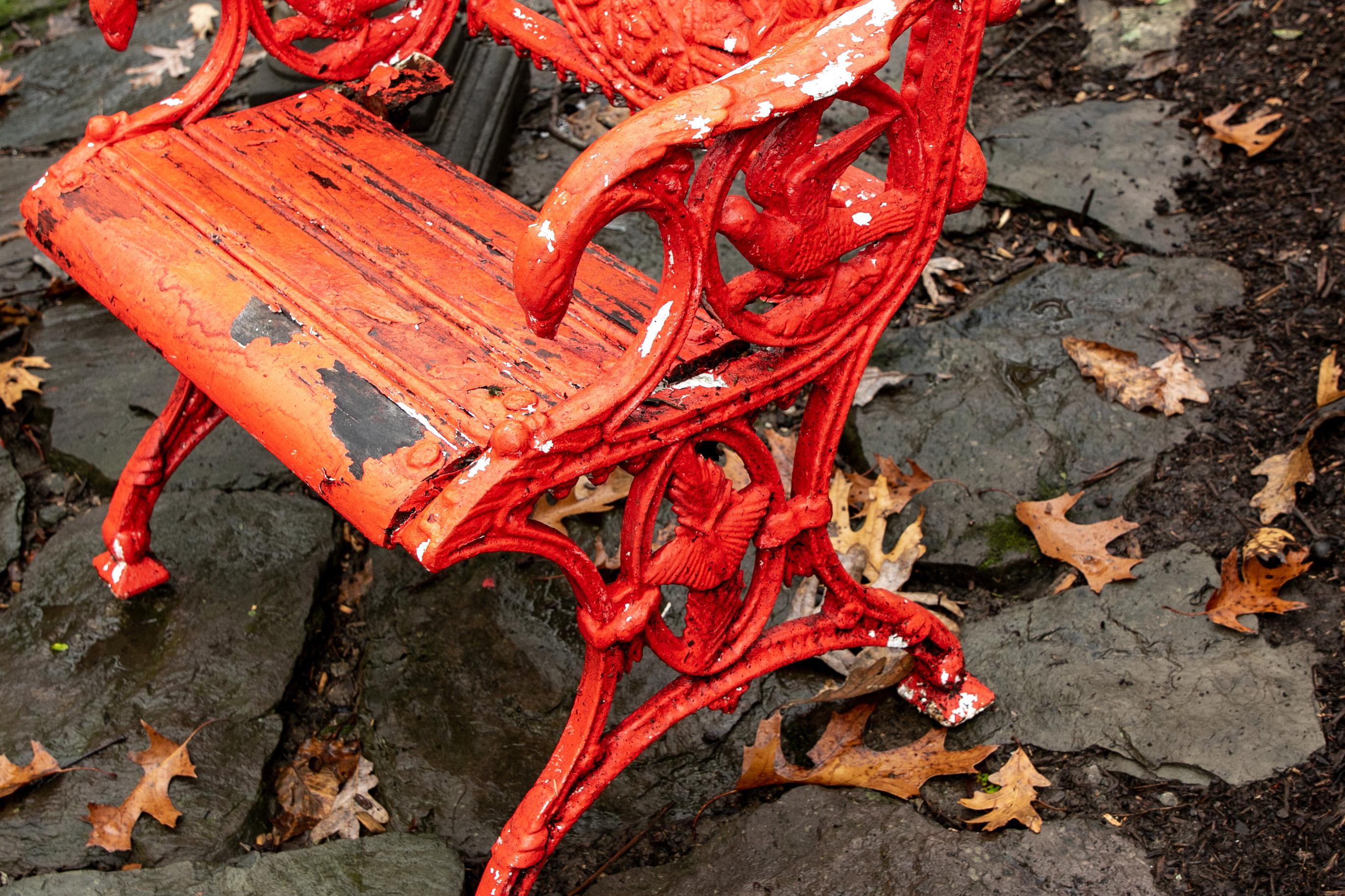Pair of Antique Garden Armchairs in Red Paint 2